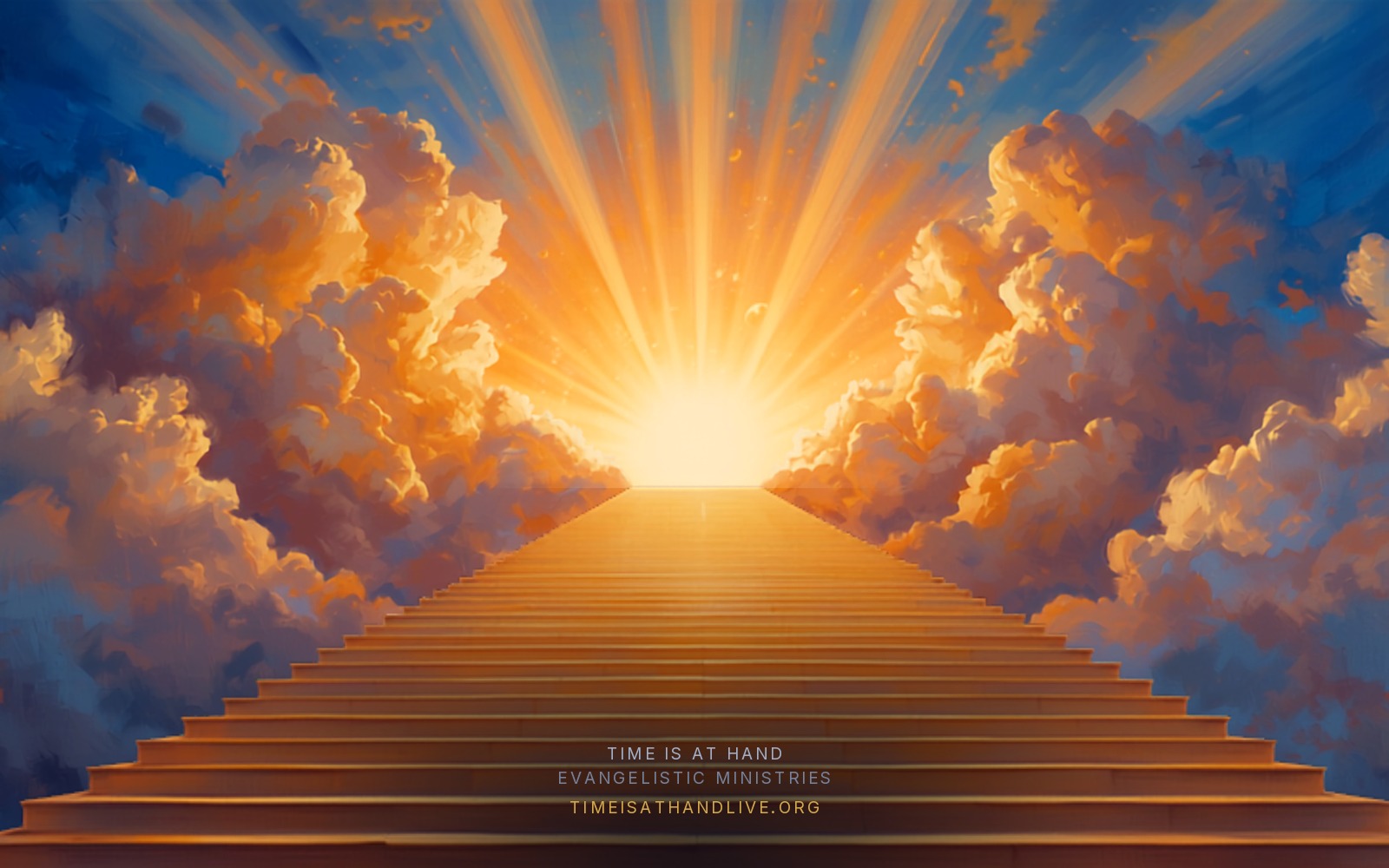 A painting of broad stone steps rising out of shadow into radiant cloud and golden light, carrying the Time Is At Hand name and address