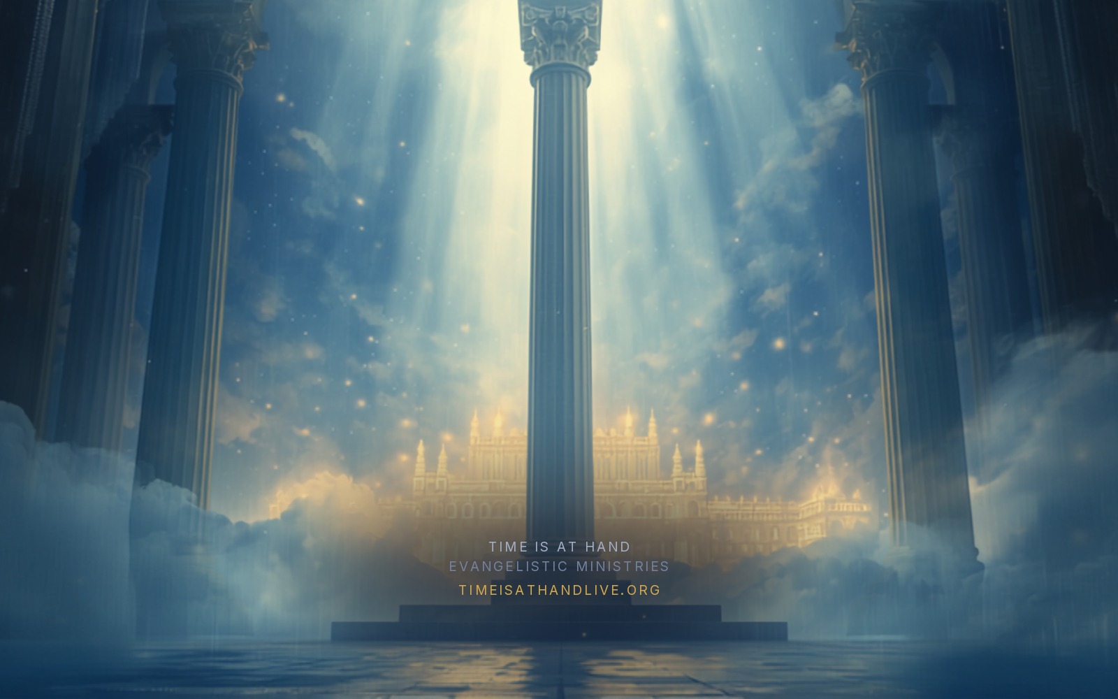 A white marble pillar standing in a temple of light, the golden city glowing behind it under a sapphire sky, carrying the Time Is At Hand name and address