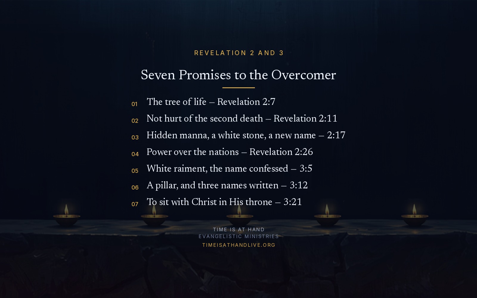 The seven promises to the overcomer in Revelation 2 and 3 — the tree of life, escape from the second death, hidden manna and a new name, power over the nations, white raiment, a pillar in the temple, and a seat on Christ's throne