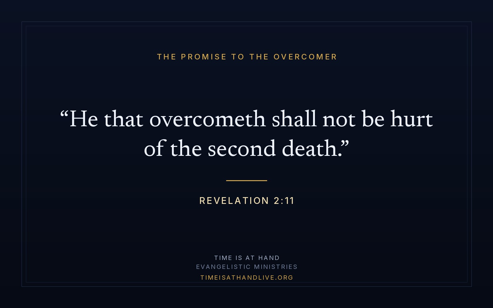Revelation 2:11 — 'He that overcometh shall not be hurt of the second death' — set on a plain dark panel
