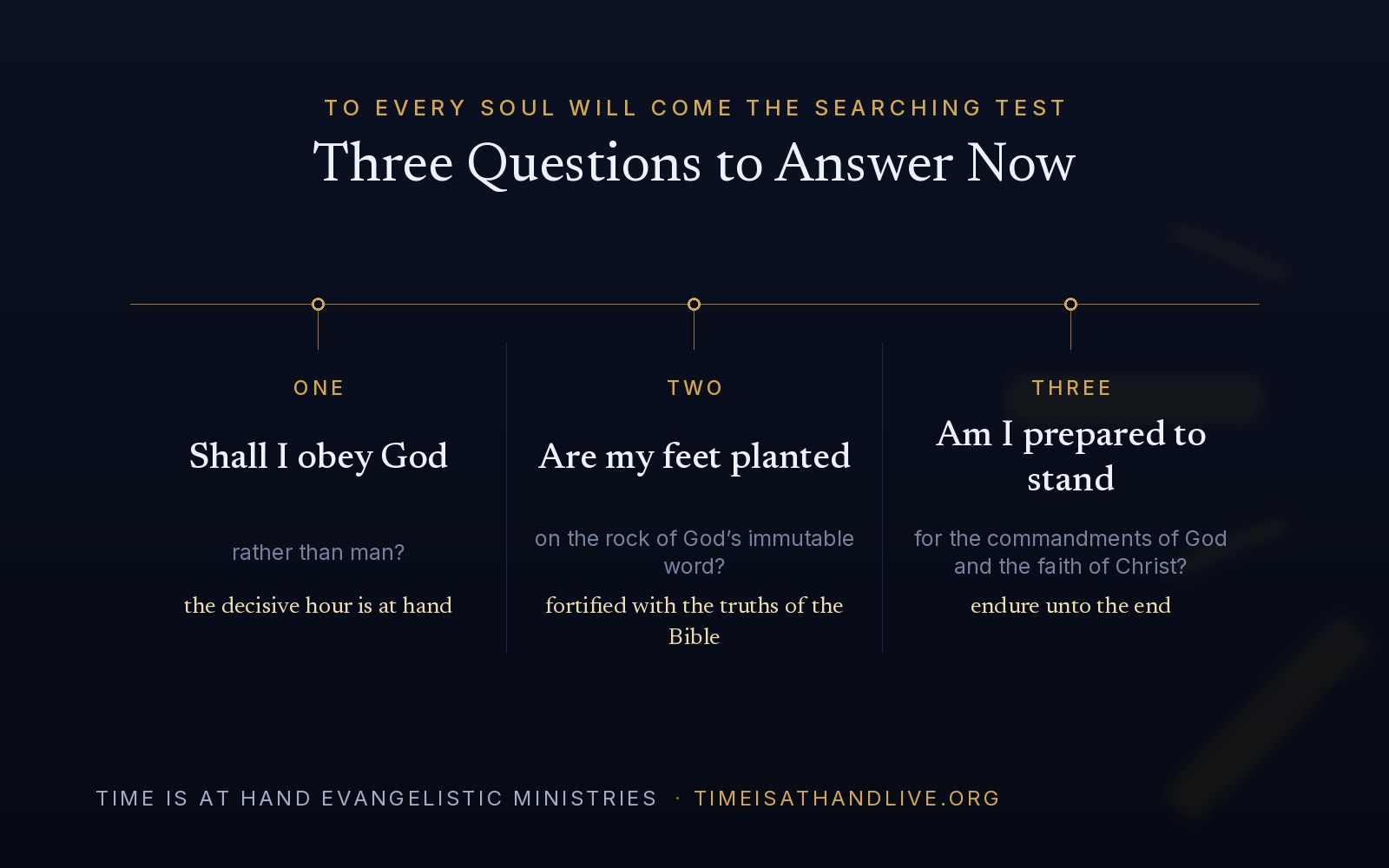 A diagram of the three questions of the searching test — shall I obey God rather than man, are my feet planted on the rock of God's immutable word, and am I prepared to stand for the commandments of God and the faith of Christ.