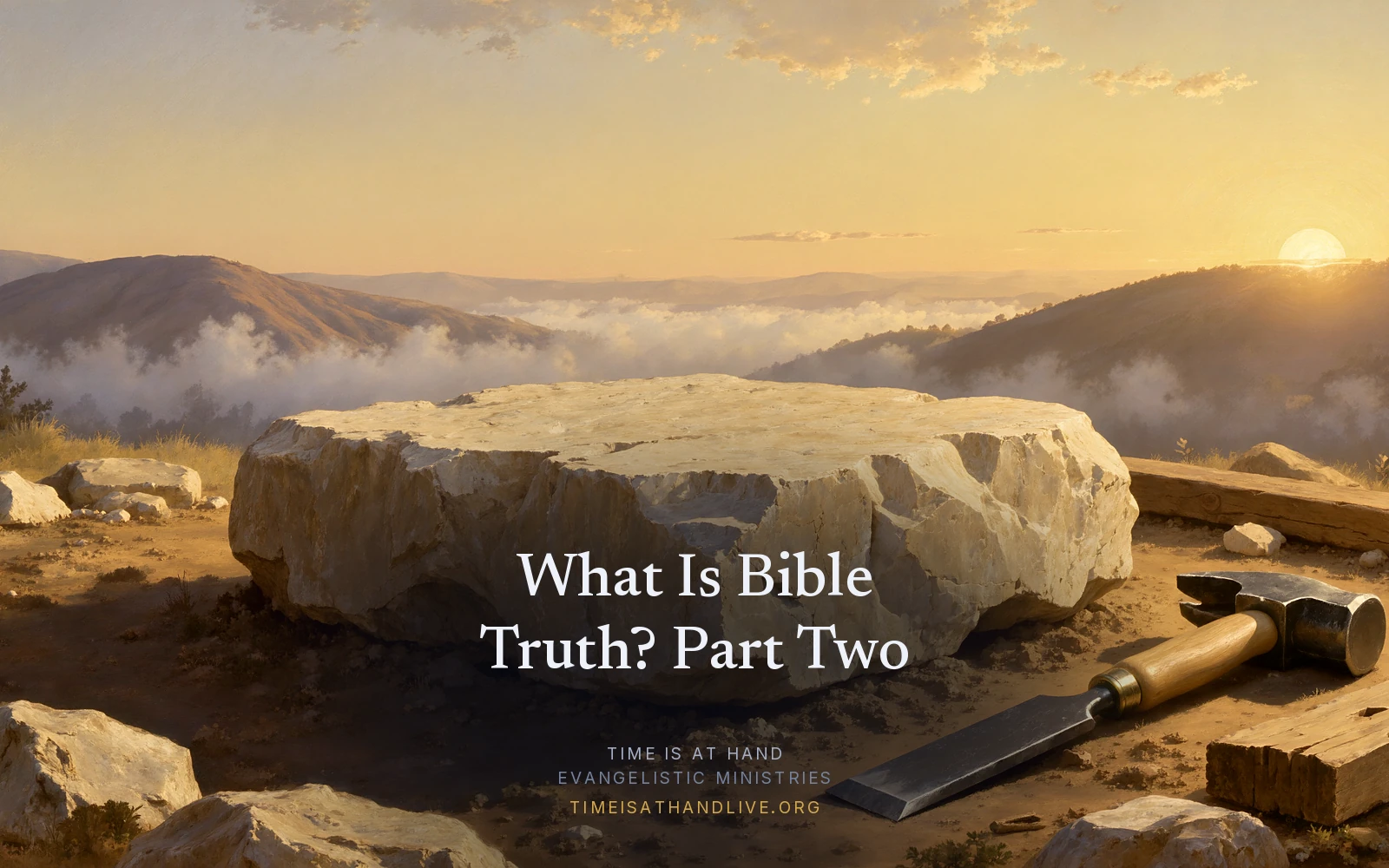 A painting of a great hewn foundation stone set in the earth at first light, the morning sun breaking over the hills behind it, carrying the article title and the Time Is At Hand name and address
