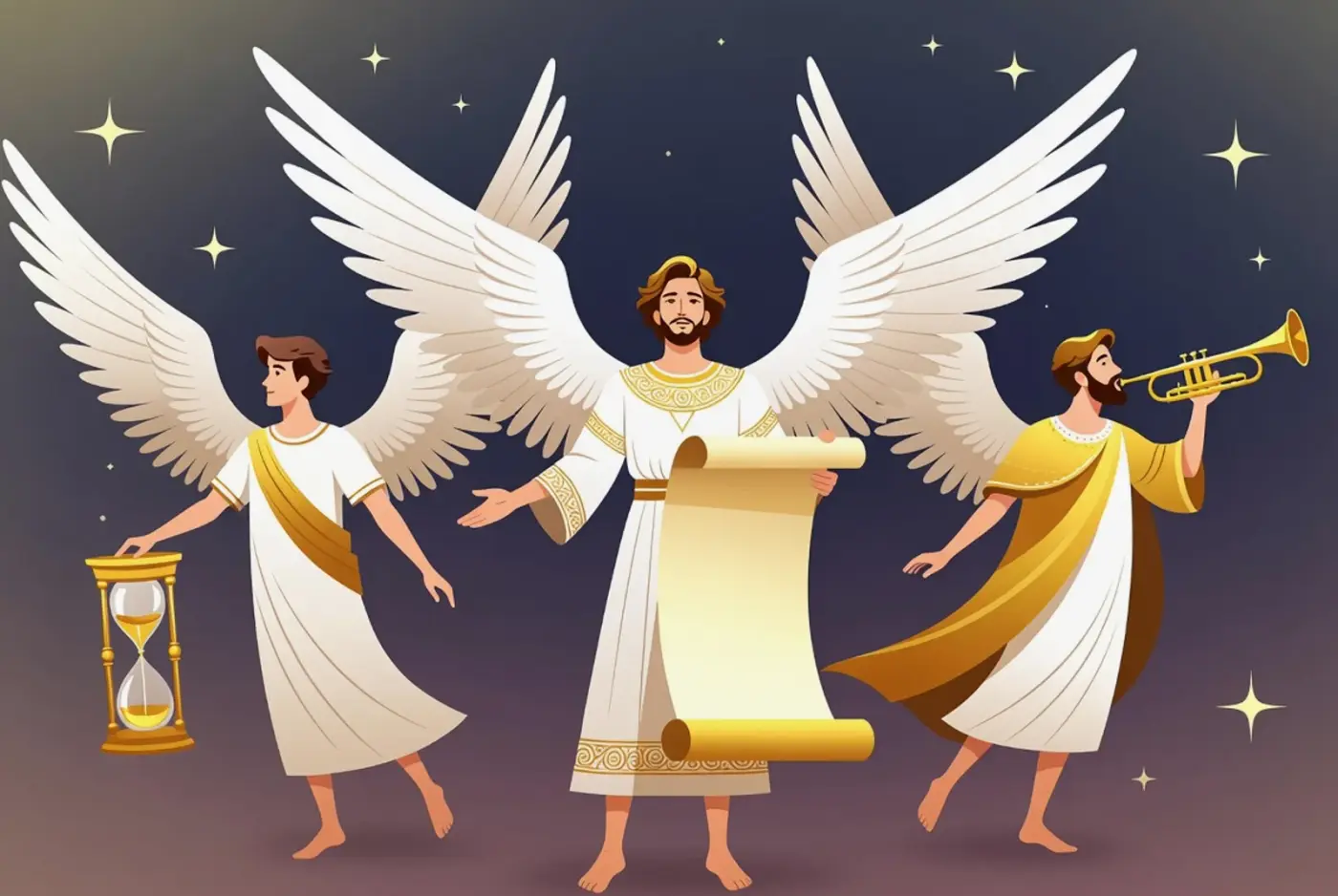 The three angels of Revelation 14 — one bearing an hourglass, one an open scroll, and one sounding a trumpet