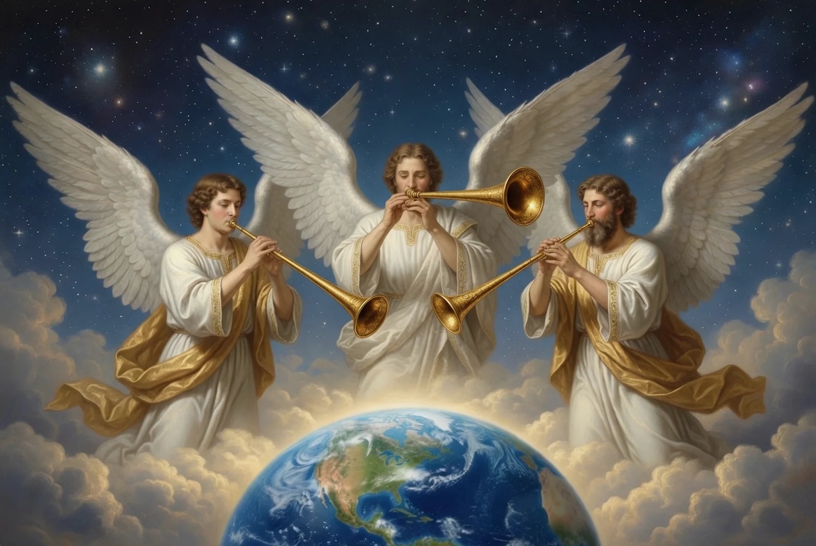 The three angels of Revelation 14 sounding golden trumpets above the earth, against a starlit sky